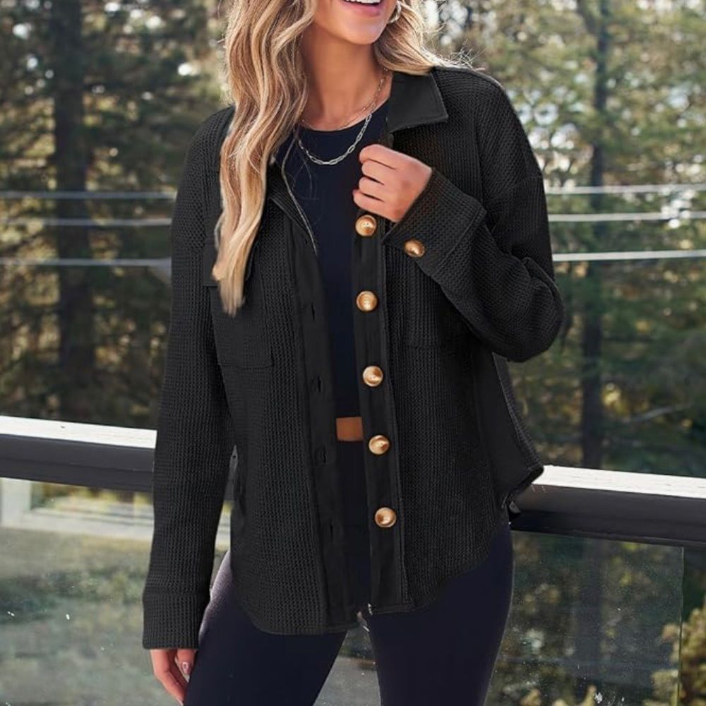 Black Waffle Knit Shacket Oversized